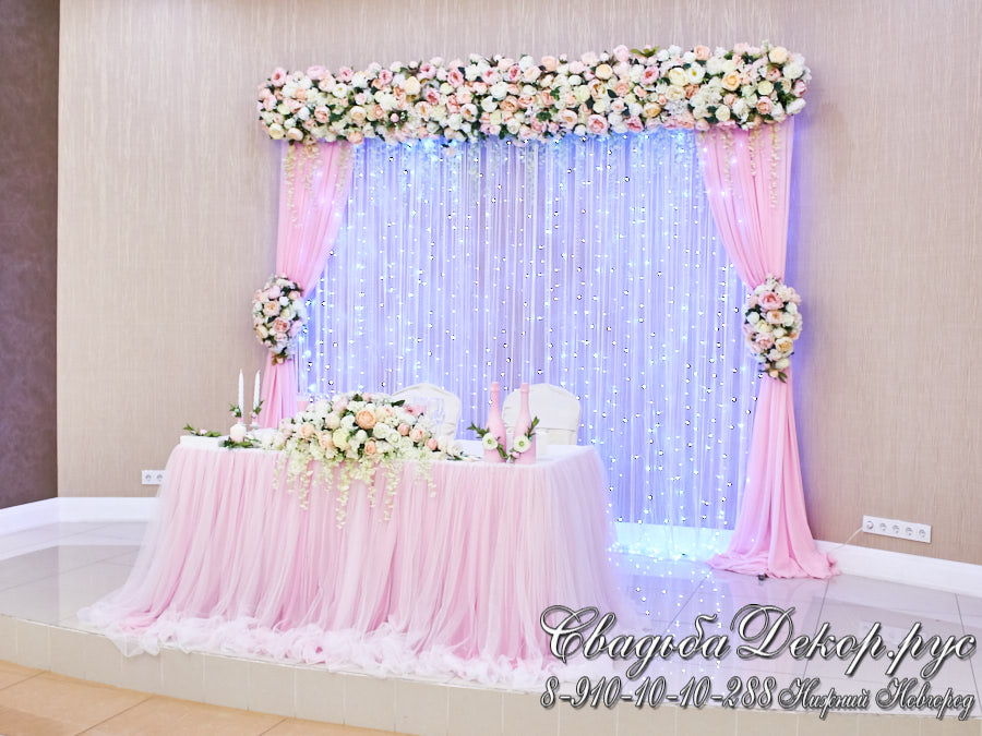 Декор свадьбы тканями и цветами в розовом цвете в кафе Облака заказать купить недорого